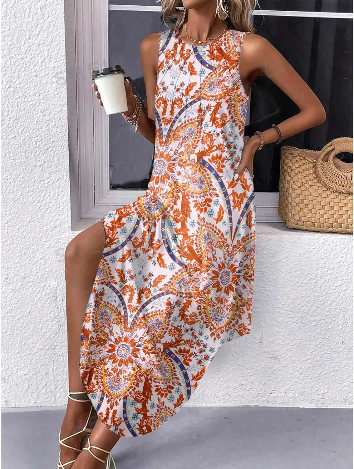 Zeagoo Women Floral Summer Dress Casual Beach Dress Printed Tank Dress with Pockets Pleated Front Long Dress