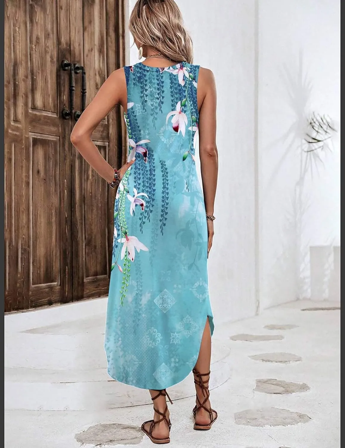 Zeagoo Women Floral Summer Dress Casual Beach Dress Printed Tank Dress with Pockets Pleated Front Long Dress