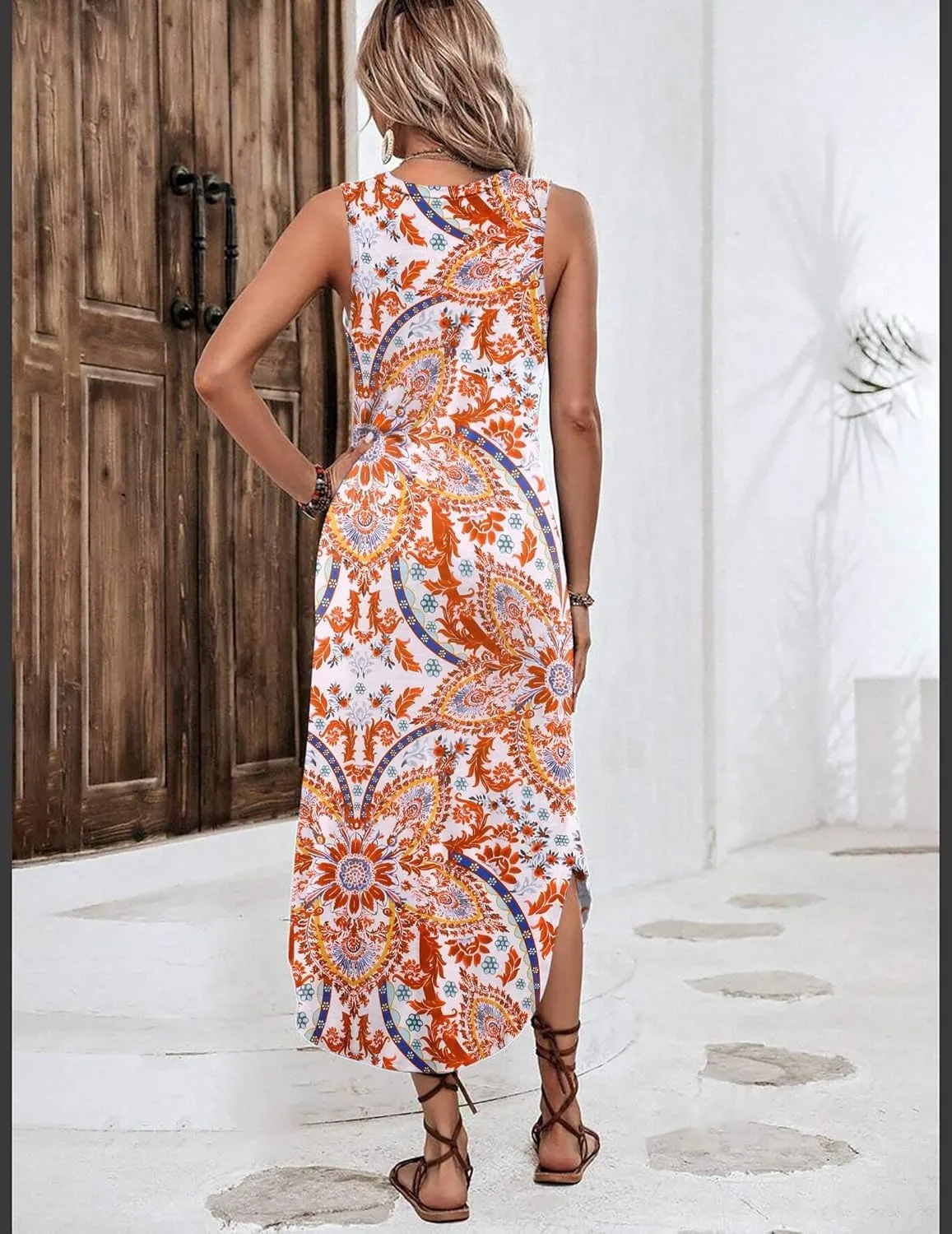Zeagoo Women Floral Summer Dress Casual Beach Dress Printed Tank Dress with Pockets Pleated Front Long Dress