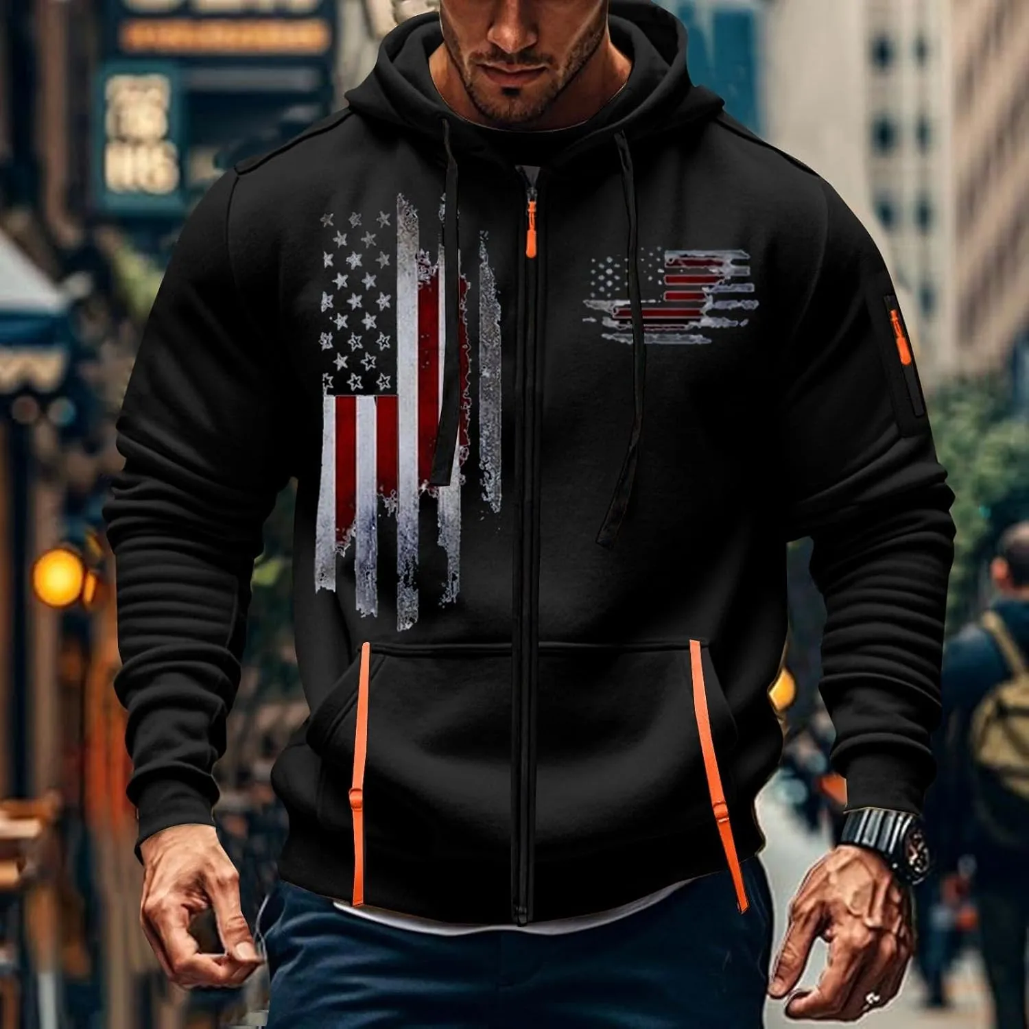 Zipper Hoodies for Men Graphic American Flag Tactical Hooded Sweatshirts Long Sleeve Athletic Jacket With Pockets
