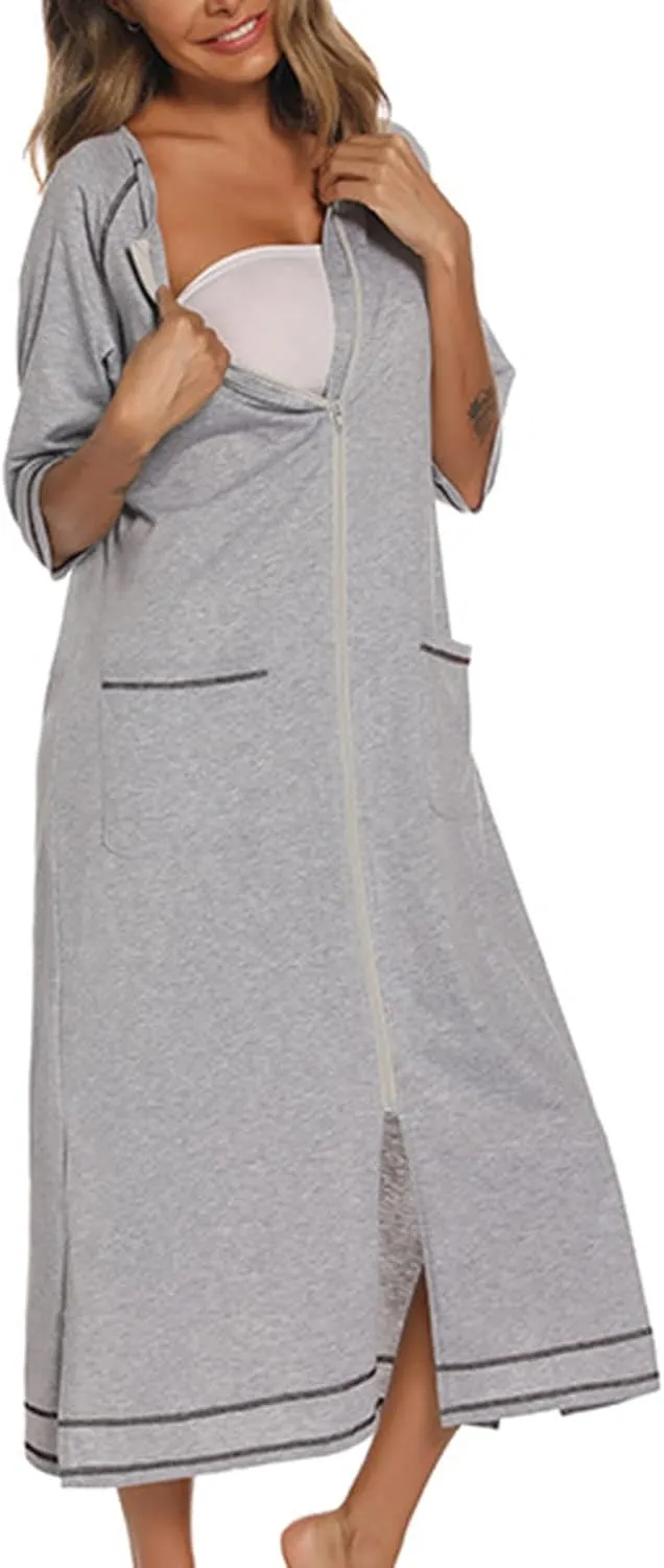 Zipper Robes for Women 3/4 Sleeve Nightgown Full Length Housecoat Zip Up Bathrobe Casual Loose Loungewear with Pocket