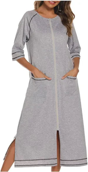 Zipper Robes for Women 3/4 Sleeve Nightgown Full Length Housecoat Zip Up Bathrobe Casual Loose Loungewear with Pocket