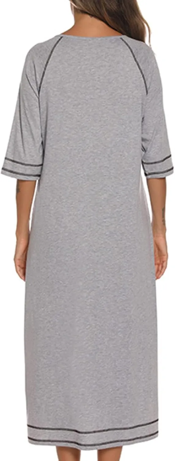 Zipper Robes for Women 3/4 Sleeve Nightgown Full Length Housecoat Zip Up Bathrobe Casual Loose Loungewear with Pocket