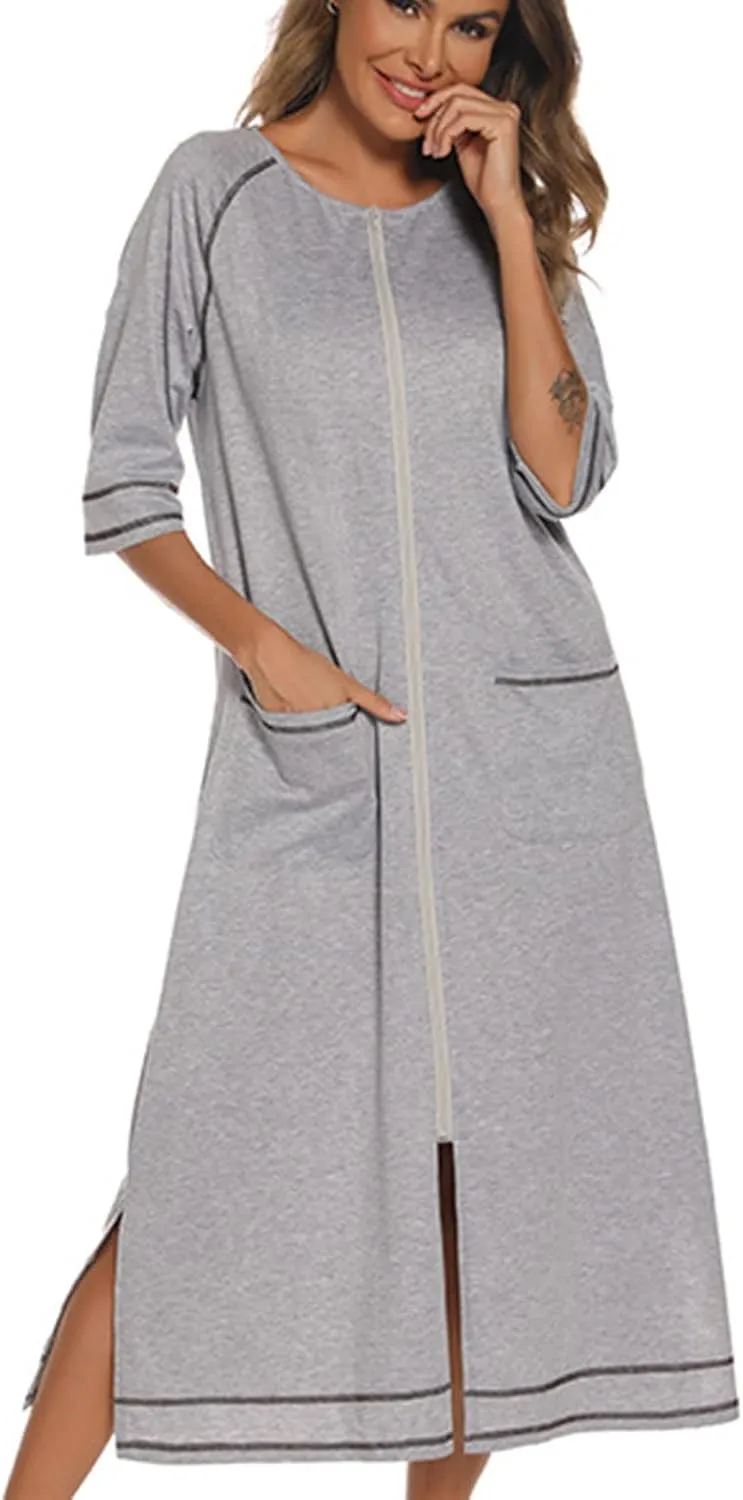 Zipper Robes for Women 3/4 Sleeve Nightgown Full Length Housecoat Zip Up Bathrobe Casual Loose Loungewear with Pocket
