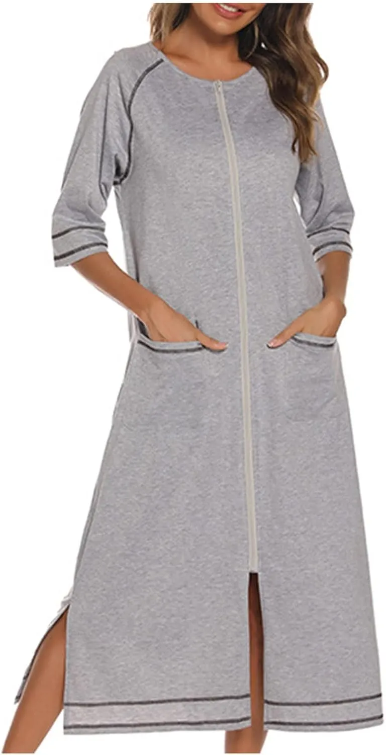 Zipper Robes for Women 3/4 Sleeve Nightgown Full Length Housecoat Zip Up Bathrobe Casual Loose Loungewear with Pocket