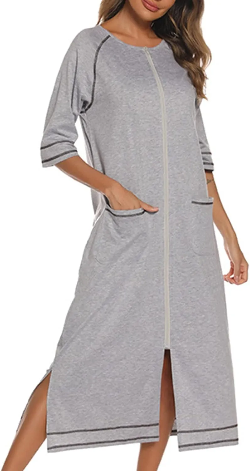Zipper Robes for Women 3/4 Sleeve Nightgown Full Length Housecoat Zip Up Bathrobe Casual Loose Loungewear with Pocket